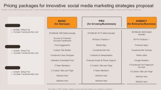 Pricing Packages For Innovative Social Media Marketing Strategies Proposal Designs PDF