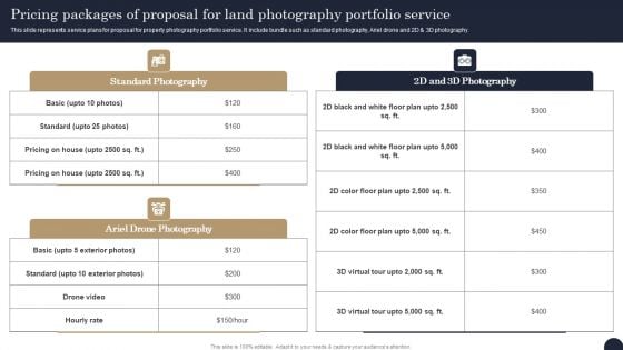 Pricing Packages Of Proposal For Land Photography Portfolio Service Mockup PDF