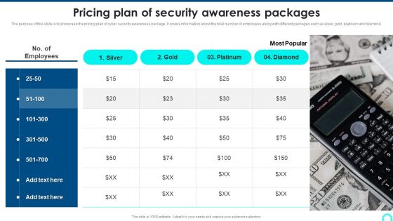 Pricing Plan Of Security Awareness Packages Elements PDF
