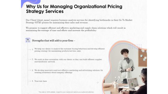 Pricing Profitability Management Why Us For Managing Organizational Pricing Strategy Services Themes PDF