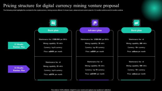 Pricing Structure For Digital Currency Mining Venture Proposal Formats PDF