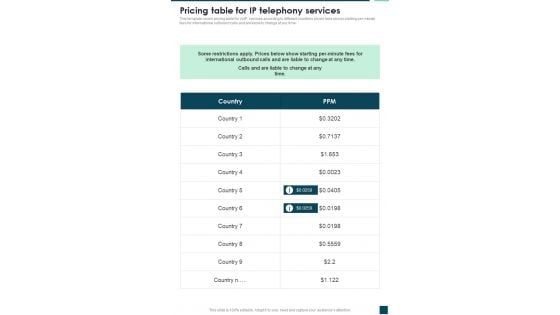 Pricing Table For IP Telephony Services One Pager Sample Example Document