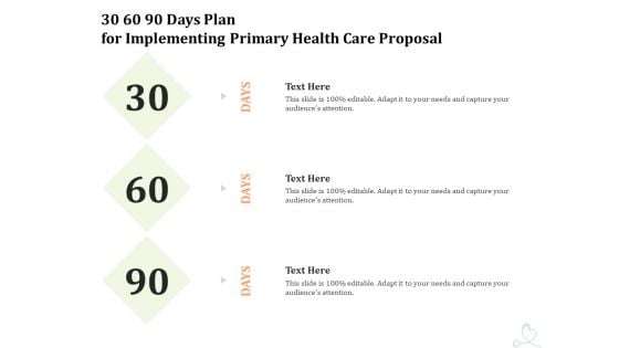 Primary Healthcare Implementation Service 30 60 90 Days Plan For Implementing Primary Health Care Proposal Inspiration PDF