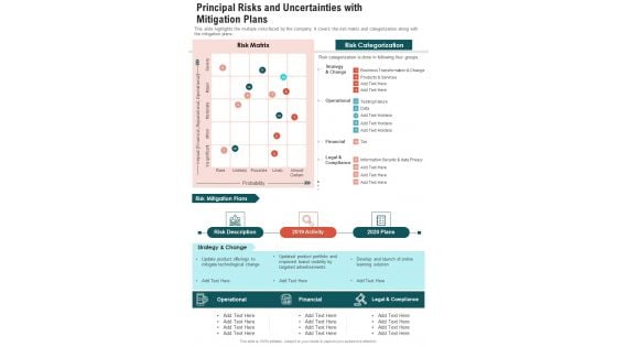 Principal Risks And Uncertainties With Mitigation Plans One Pager Documents