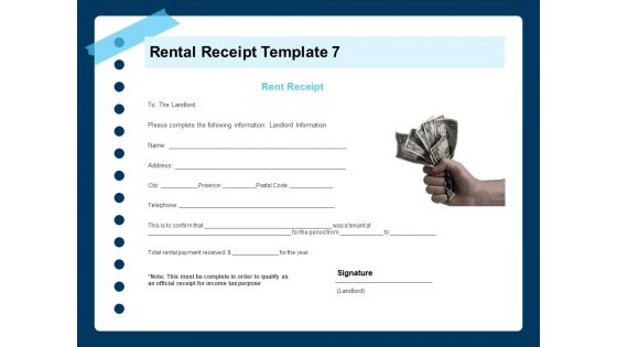 Printable Rent Receipt Rental Receipt Template Postal Ppt Styles Background PDF