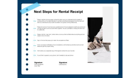 Printable Rent Receipt Template Next Steps For Rental Receipt Ppt Styles Layout PDF