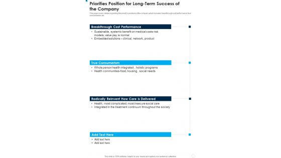 Priorities Position For Long Term Success Of The Company One Pager Documents