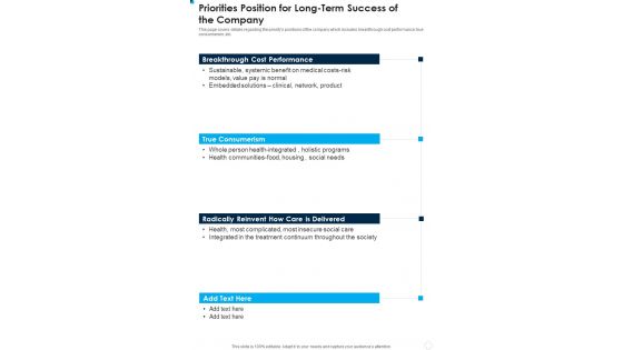Priorities Position For Long Term Success Of The Company One Pager Documents Priorities Position For Long Term Success Of The Company One Pager Documents
