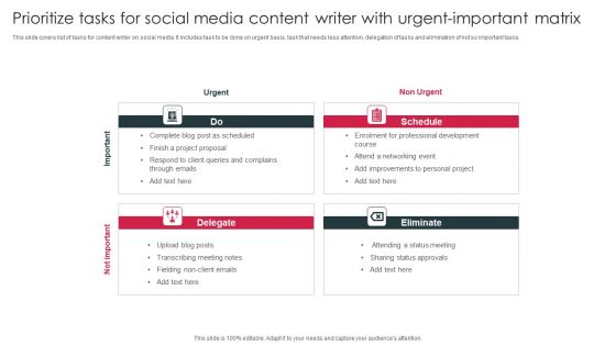 Prioritize Tasks For Social Media Content Writer With Urgent Important Matrix Pictures PDF