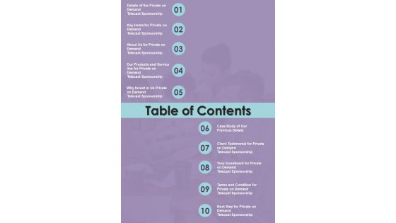 Private On Demand Telecast Sponsorship Proposal Table Of Contents One Pager Sample Example Document Private On Demand Telecast Sponsorship Proposal Table Of Contents One Pager Sample Example Document