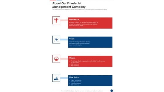 Private Plane Administration Company About Our Private Jet One Pager Sample Example Document