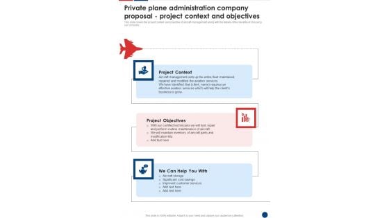 Private Plane Administration Company Project Context And Objectives One Pager Sample Example Document