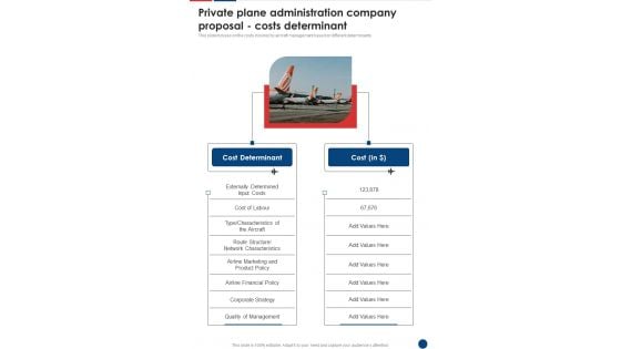 Private Plane Administration Company Proposal Costs Determinant One Pager Sample Example Document Private Plane Administration Company Proposal Costs Determinant One Pager Sample Example Document