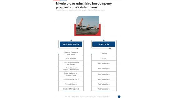 Private Plane Administration Company Proposal Costs Determinant One Pager Sample Example Document