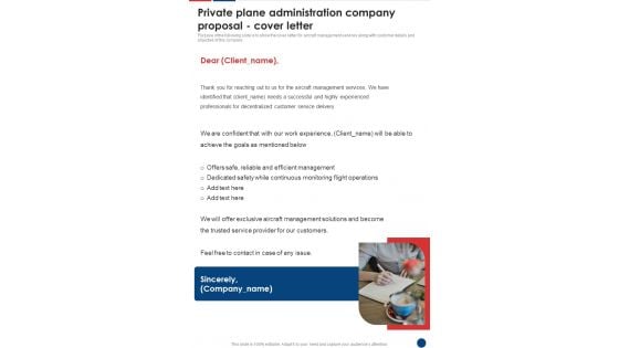 Private Plane Administration Company Proposal Cover Letter One Pager Sample Example Document