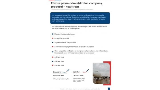 Private Plane Administration Company Proposal Next Steps One Pager Sample Example Document