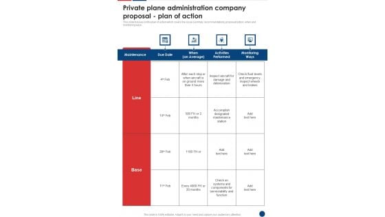 Private Plane Administration Company Proposal Plan Of Action One Pager Sample Example Document