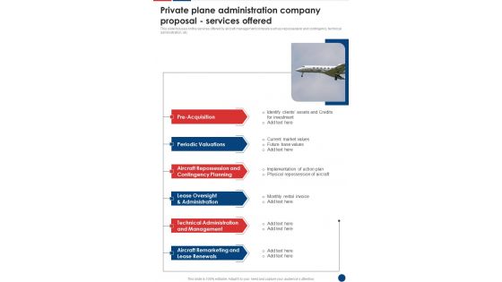 Private Plane Administration Company Proposal Services Offered One Pager Sample Example Document