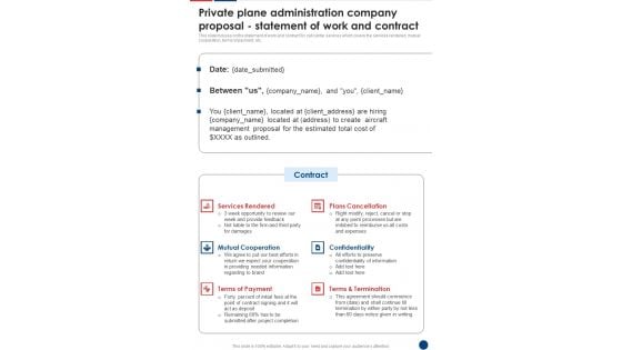 Private Plane Administration Company Statement Of Work And Contract One Pager Sample Example Document Private Plane Administration Company Statement Of Work And Contract One Pager Sample Example Document