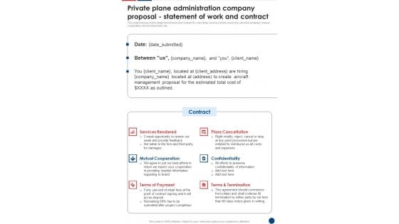 Private Plane Administration Company Statement Of Work And Contract One Pager Sample Example Document