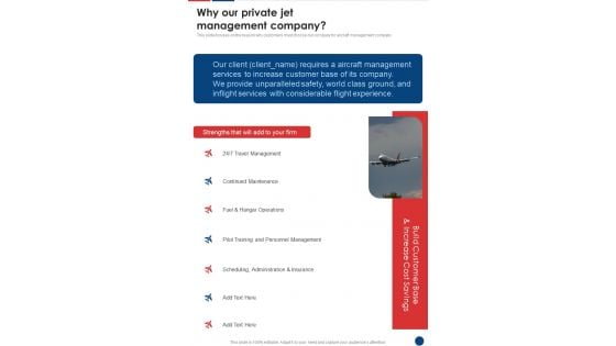 Private Plane Administration Company Why Our Private Jet One Pager Sample Example Document