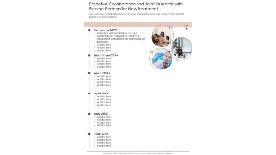 Proactive Collaboration And Joint Research With External Partners For New Treatment One Pager Documents