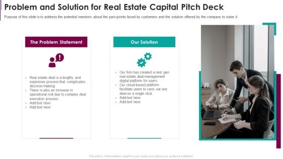 Problem And Solution For Real Estate Capital Pitch Deck PowerPoint Presentation PPT Template PDF