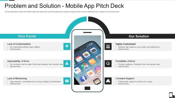 Problem And Solution Mobile App Pitch Deck Ppt Slides Outline PDF
