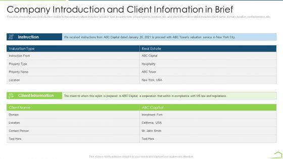 Procedure Land Estimation Examination Company Introduction And Client Information In Brief Template PDF