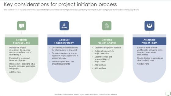 Procedure To Establish Project Administration Program Key Considerations For Project Initiation Process Icons PDF