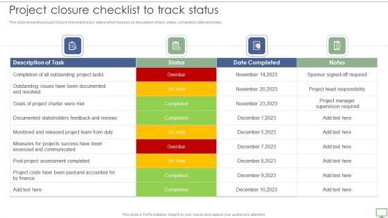 Procedure To Establish Project Administration Program Project Closure Checklist To Track Status Summary PDF
