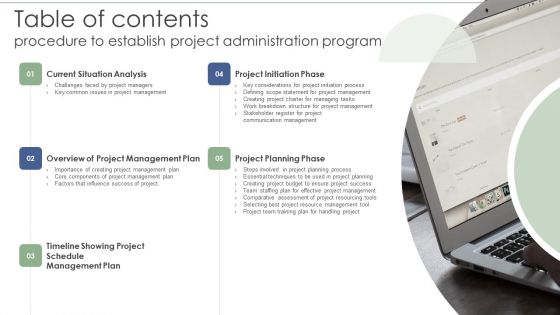 Procedure To Establish Project Administration Program Table Of Contents Procedure Program Ideas PDF