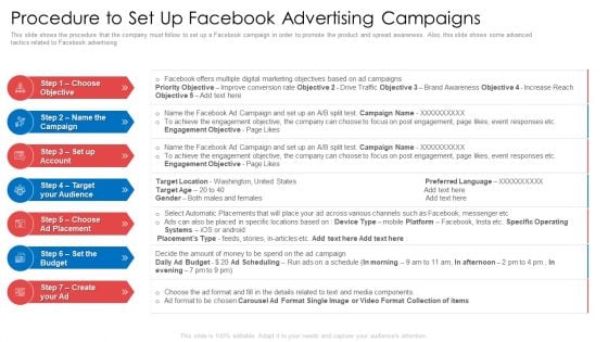 Procedure To Set Up Facebook Advertising Campaigns Ppt Icon Layouts PDF
