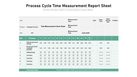 Process Cycle Time Measurement Report Sheet Ppt PowerPoint Presentation Ideas Professional PDF