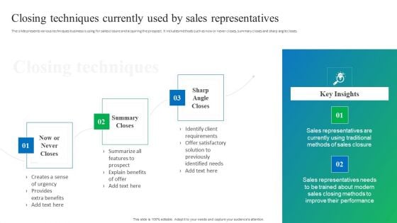 Process Enhancement Plan To Boost Sales Performance Closing Techniques Currently Used By Sales Representatives Template PDF Process Enhancement Plan To Boost Sales Performance Closing Techniques Currently Used By Sales Representatives Template PDF