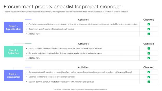 Procurement Process Checklist For Project Manager Project Administration Plan Playbook Formats PDF