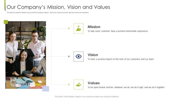 Procurement Vendor Our Companys Mission Vision And Values Ppt Professional Files PDF