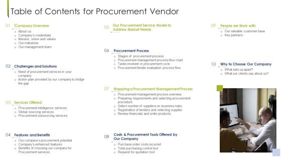 Procurement Vendor Table Of Contents For Procurement Vendor Ppt File Example File PDF Procurement Vendor Table Of Contents For Procurement Vendor Ppt File Example File PDF
