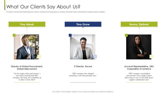 Procurement Vendor What Our Clients Say About Us Ppt Ideas Brochure PDF