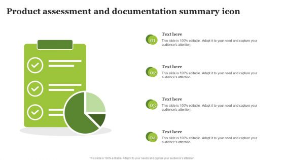 Product Assessment And Documentation Summary Icon Ppt PowerPoint Presentation Layouts Portrait PDF