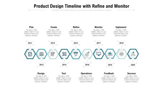 Product Design Timeline With Refine And Monitor Ppt PowerPoint Presentation File Backgrounds PDF