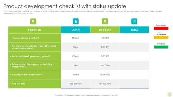 Product Development Checklist With Status Update Portrait PDF