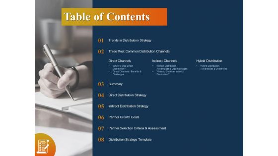 Product Distribution Sales And Marketing Channels Table Of Contents Ppt Ideas Model PDF