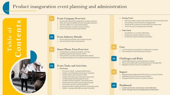 Product Inauguration Event Planning And Administration Table Of Contents Structure PDF