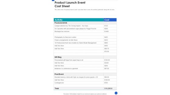 Product Inauguration Occasion Proposal Product Launch Event Cost Sheet One Pager Sample Example Document