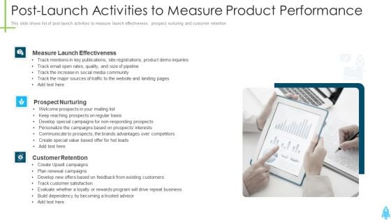 Product Kick Off Strategy Post Launch Activities To Measure Product Performance Ppt Professional Sample PDF