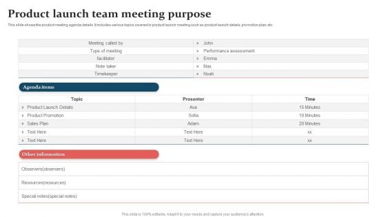 Product Launch Team Meeting Purpose Demonstration PDF