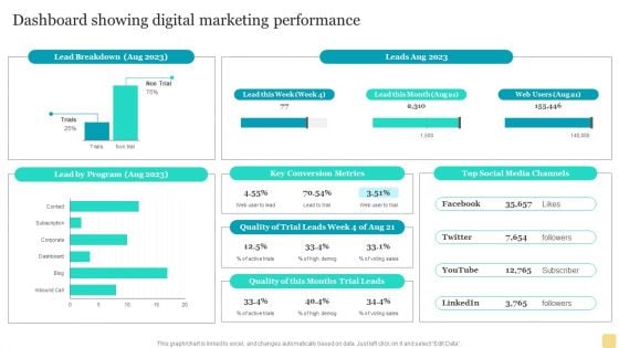 Product Marketing Plan To Enhance Organizational Growth Dashboard Showing Digital Marketing Performance Brochure PDF