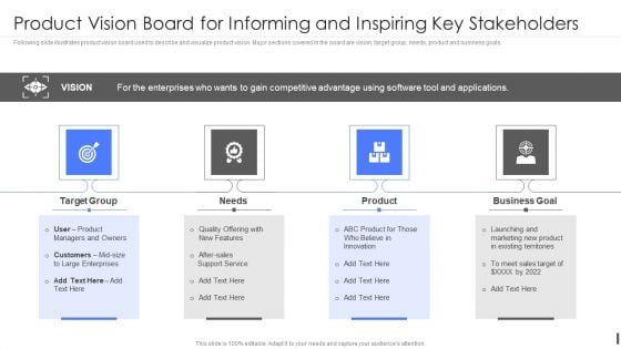 Product Marketing Playbook Product Vision Board For Informing And Inspiring Key Stakeholders Infographics PDF