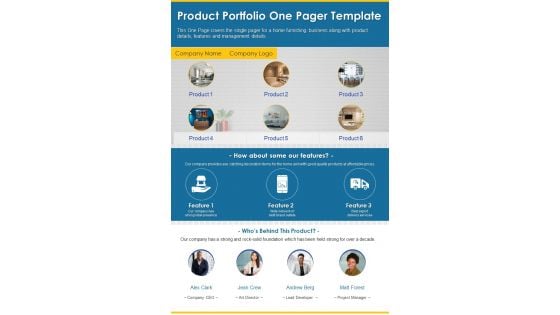 Product Portfolio One Pager Template PDF Document PPT Template